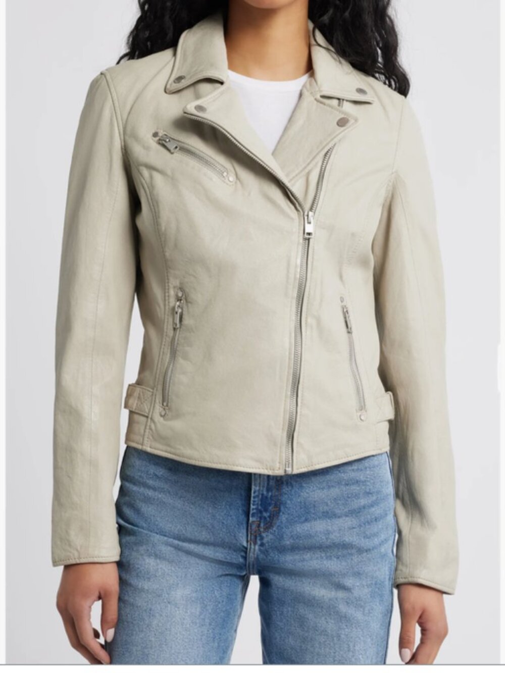 Mauritius Sofia Cream Coloured Lamb Leather Moto Jacket - Size M (US Size 8)